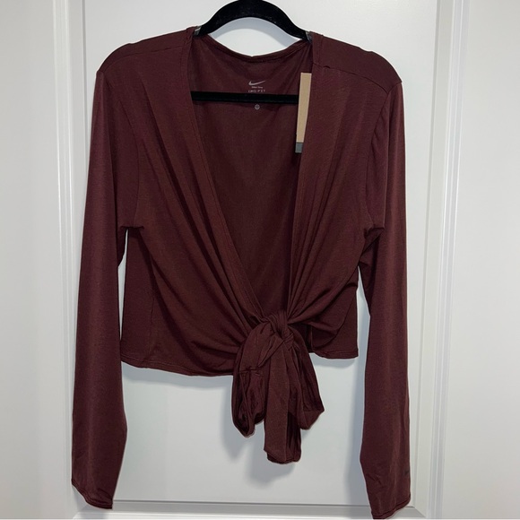 Nike Tops - Nike Dri-FIT Wrap Top Burgundy Long Sleeve Tie Front Cropped NWT Size L